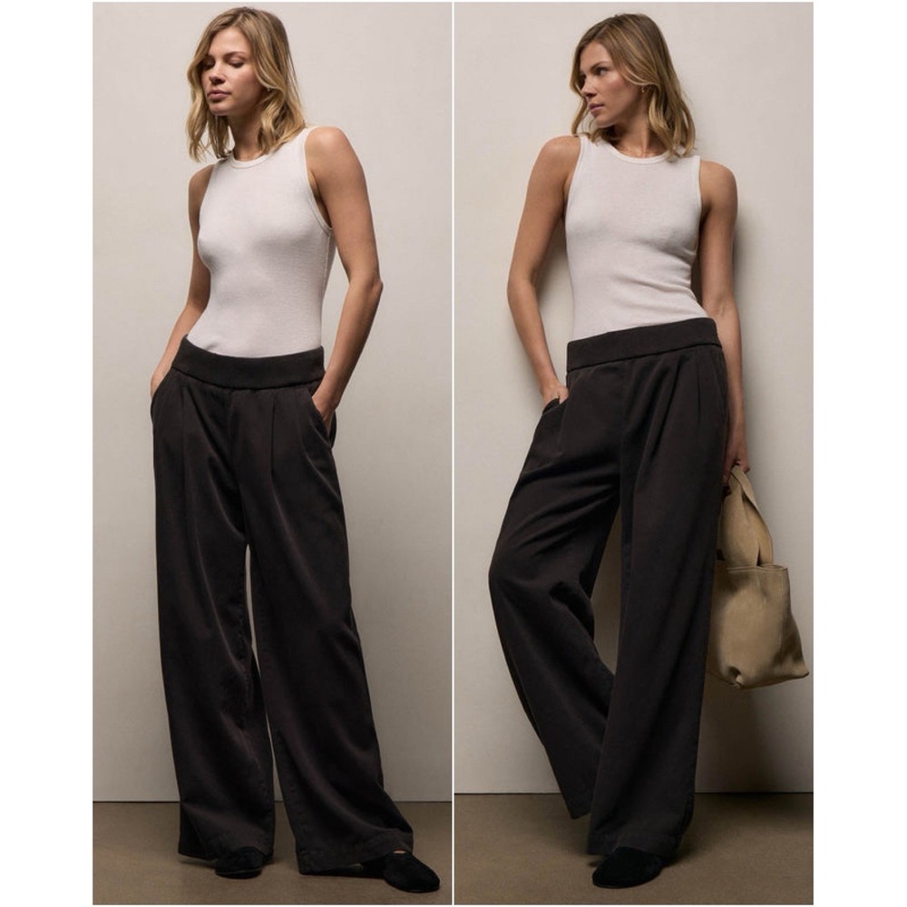 James Perse Ribbed Waist Wide Leg Pants Womens Size 3 Large Black Cashmere Blend